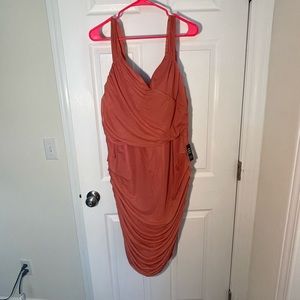 Peach Ruched Mesh Midi Dress